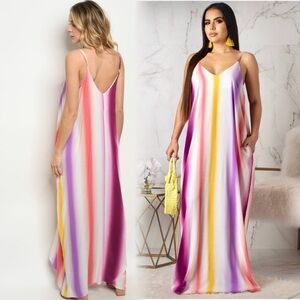 Colorful rainbow striped maxi dress with pockets